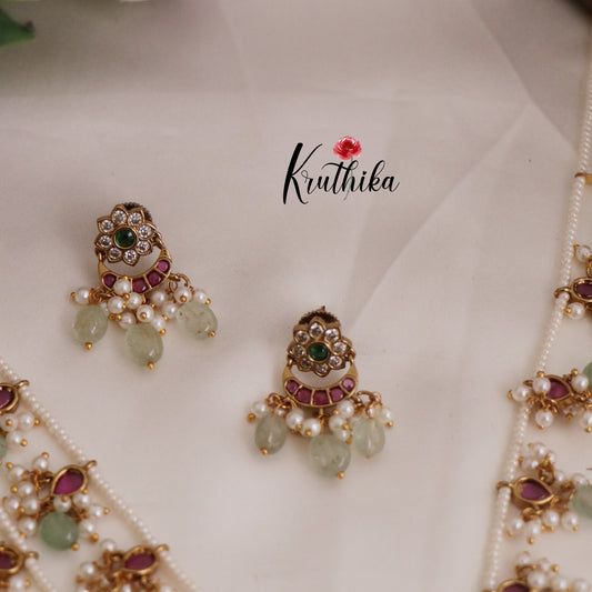 Beautiful Multi Stone Three Layer Peacock Kemp Haaram with Pastel Green Beads LH1959