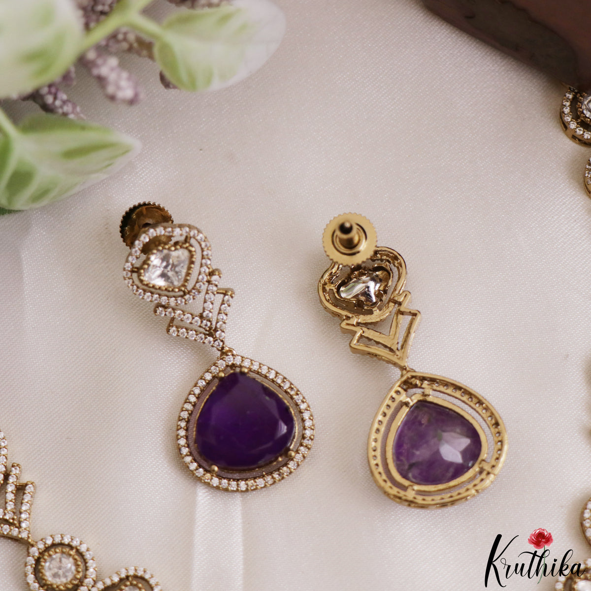 Trendy AD Teardrop Motifs Mossanaite Victorian Necklace NC2801 (Available In 2 Colors)