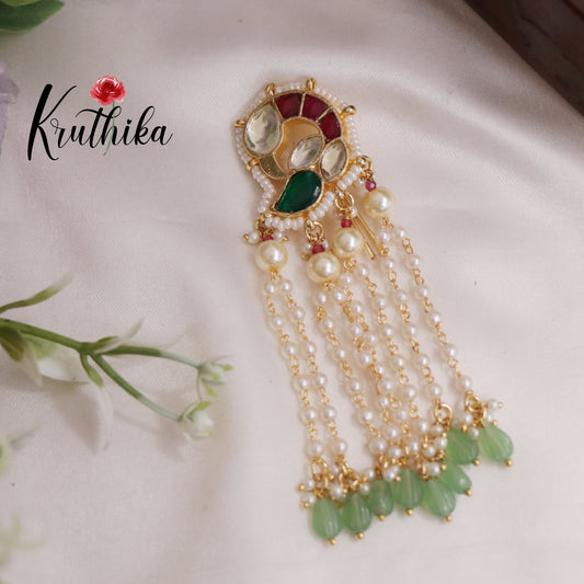 Simple Peacock Kundan Jadau Jada Billa Pearl Chain with Green Drops J228