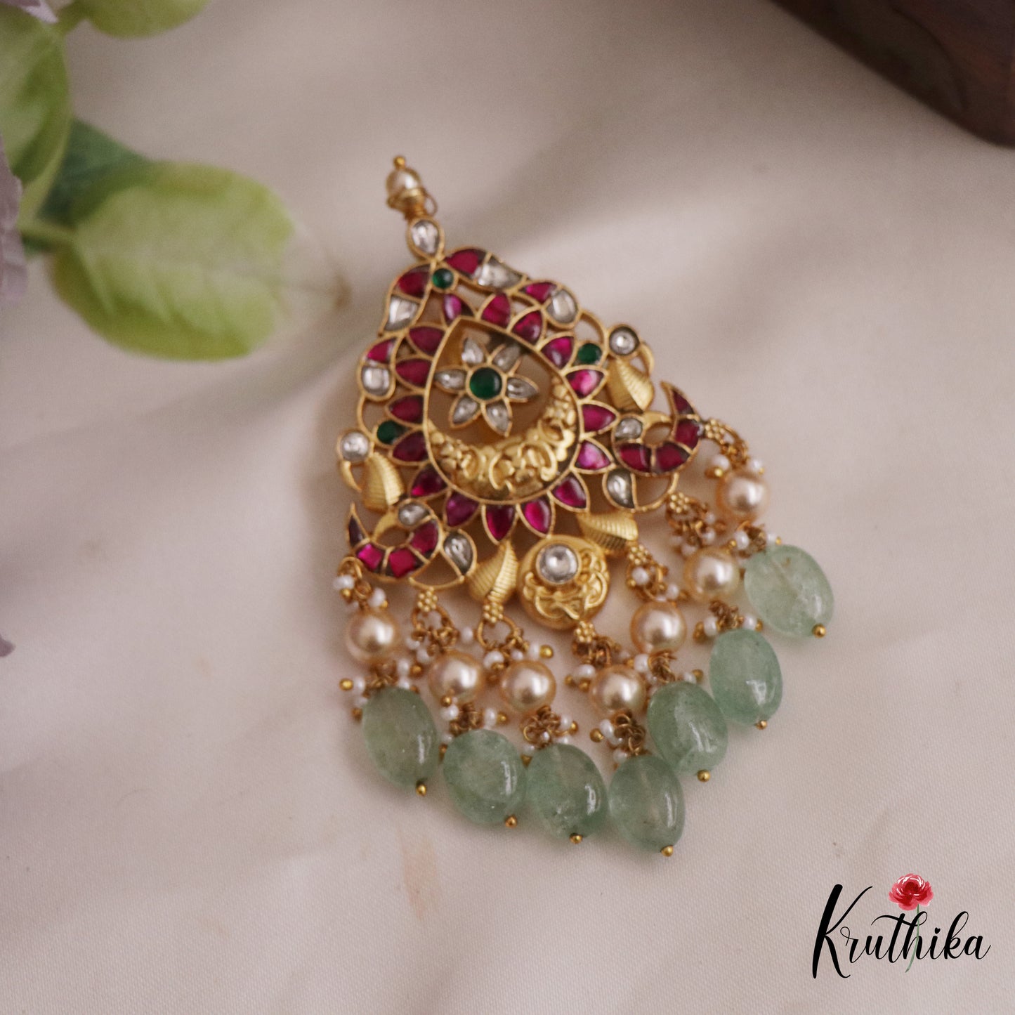 Beautiful Floral Peacock Motifs Jadau Pendant With Pearl And Bead Drops PS261