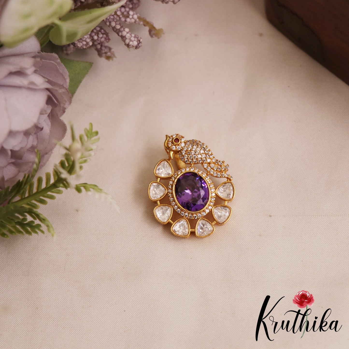 Pretty Floral Peacock Motifs Polki Victorian Pendant Set PS287 (Available In 4 Colors)