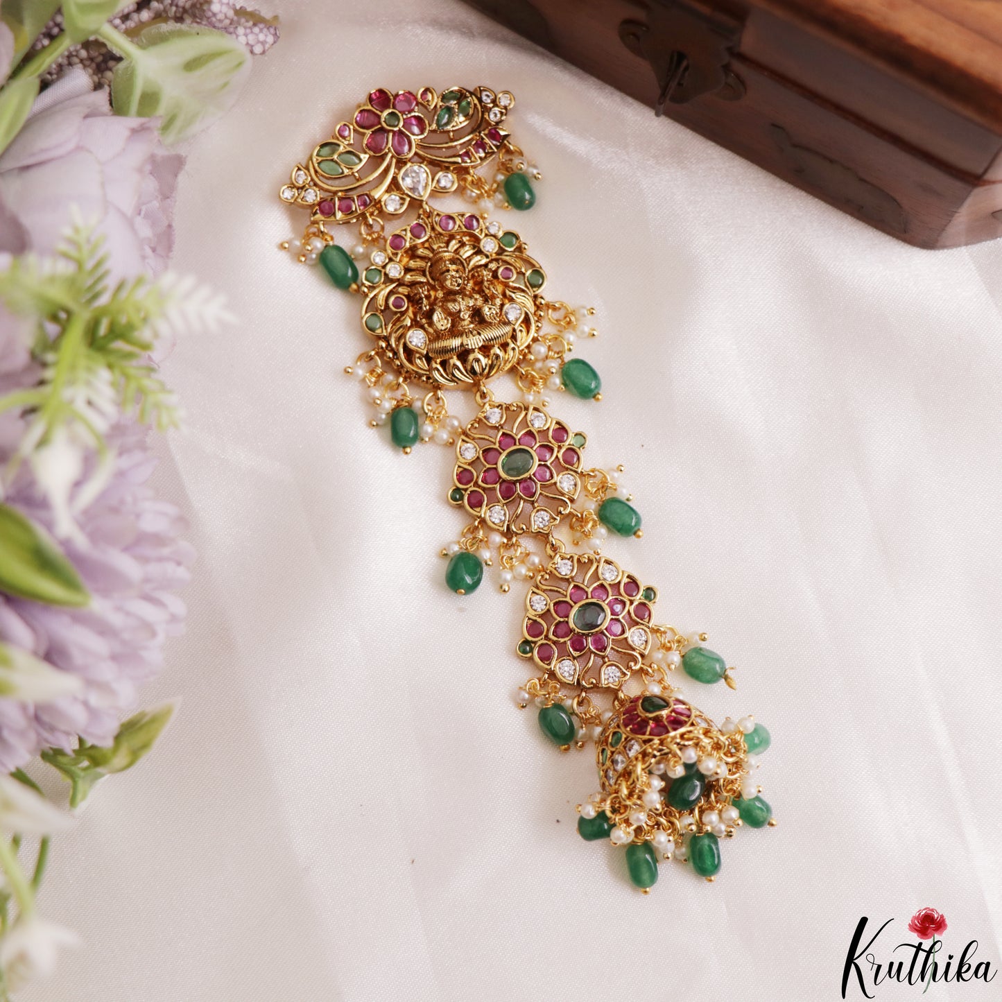 Trendy Antique Lakshmi Floral Motifs Kemp Jhumka Jada Billa With Green Bead Drops J437