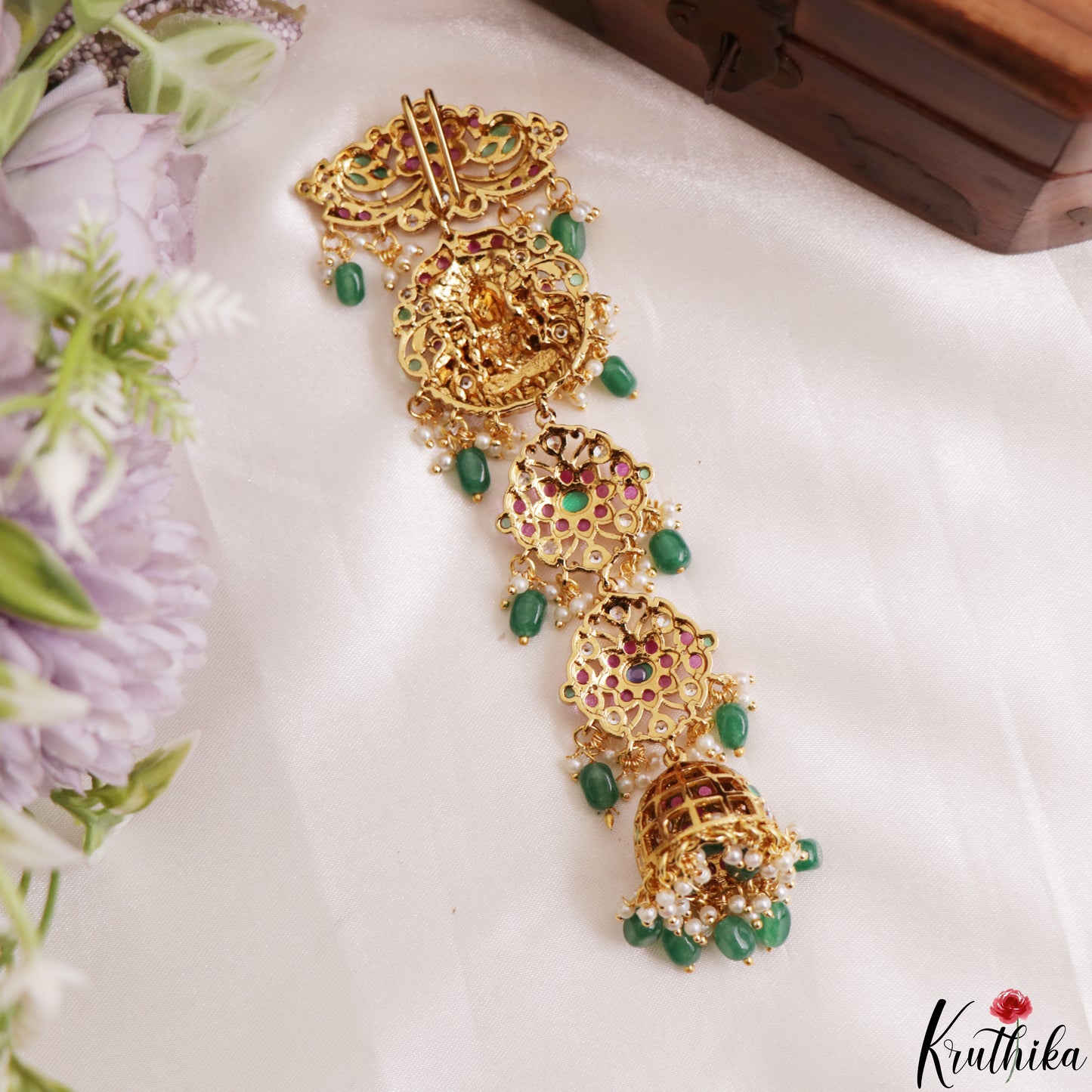 Trendy Antique Lakshmi Floral Motifs Kemp Jhumka Jada Billa With Green Bead Drops J437