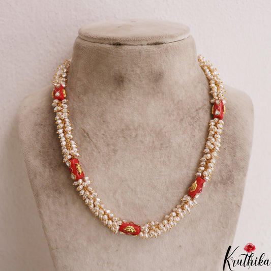 Classic Coral With Rice Pearl Mala Set NC2952