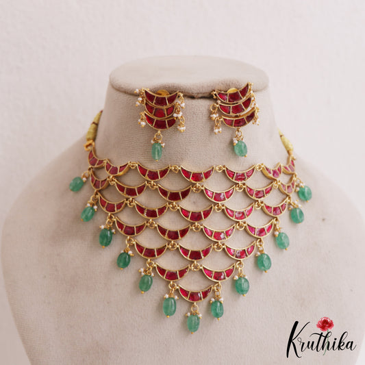 Beautiful Half Moon Motifs Jadau Choker With Green Bead Drops NC2756