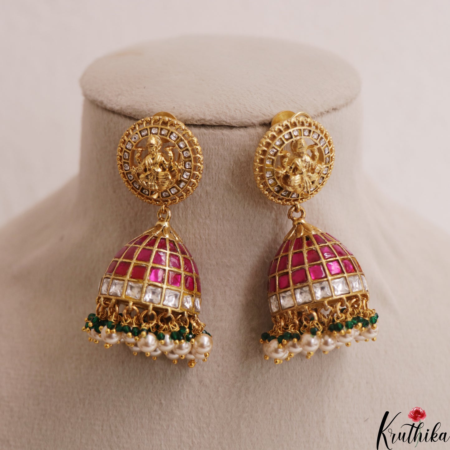 Stunning Antique Lakshmi Motifs Jadau Jhumkas With Pearl Bead Drops E1143
