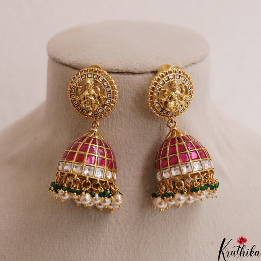 Stunning Antique Lakshmi Motifs Jadau Jhumkas With Pearl Bead Drops E1143