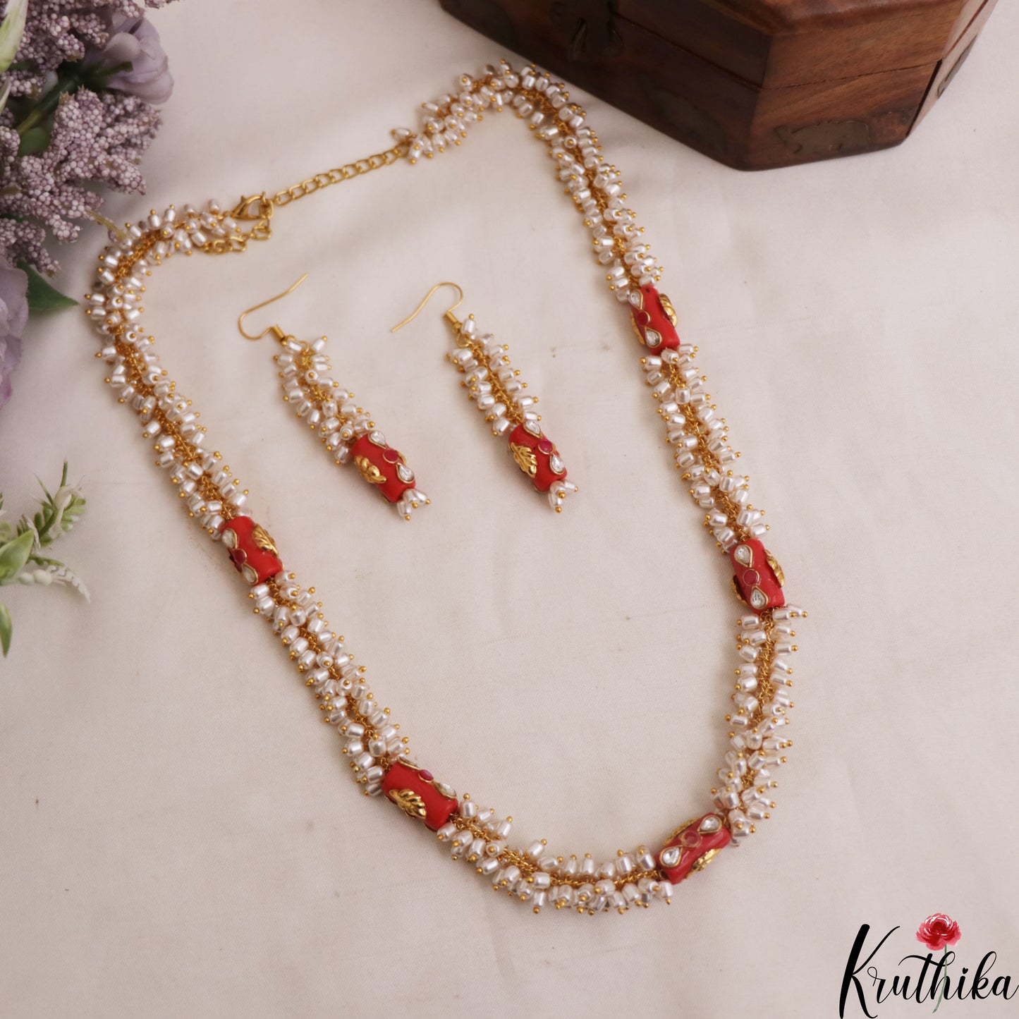 Classic Coral With Rice Pearl Mala Set NC2952