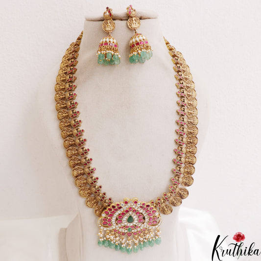 Gorgeous Antique Peacock Motifs Lakshmi Kasu Jadau Haaram With Green Bead Drops LH2124
