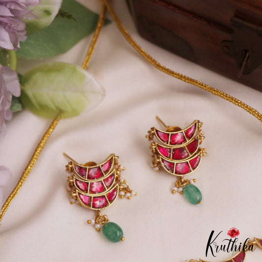 Beautiful Half Moon Motifs Jadau Choker With Green Bead Drops NC2756