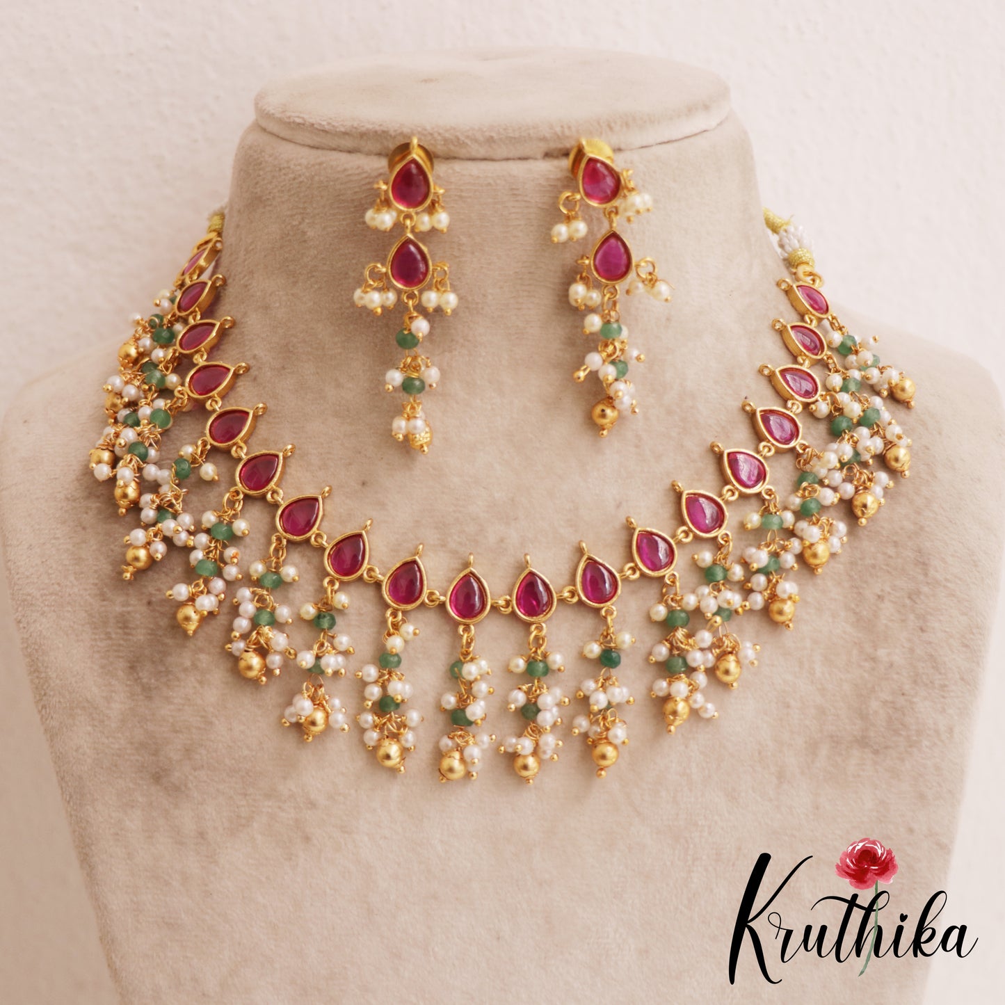 Pretty Teardrop Motifs Jadau Necklace With Bead Drops NC2861