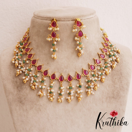 Pretty Teardrop Motifs Jadau Necklace With Bead Drops NC2861