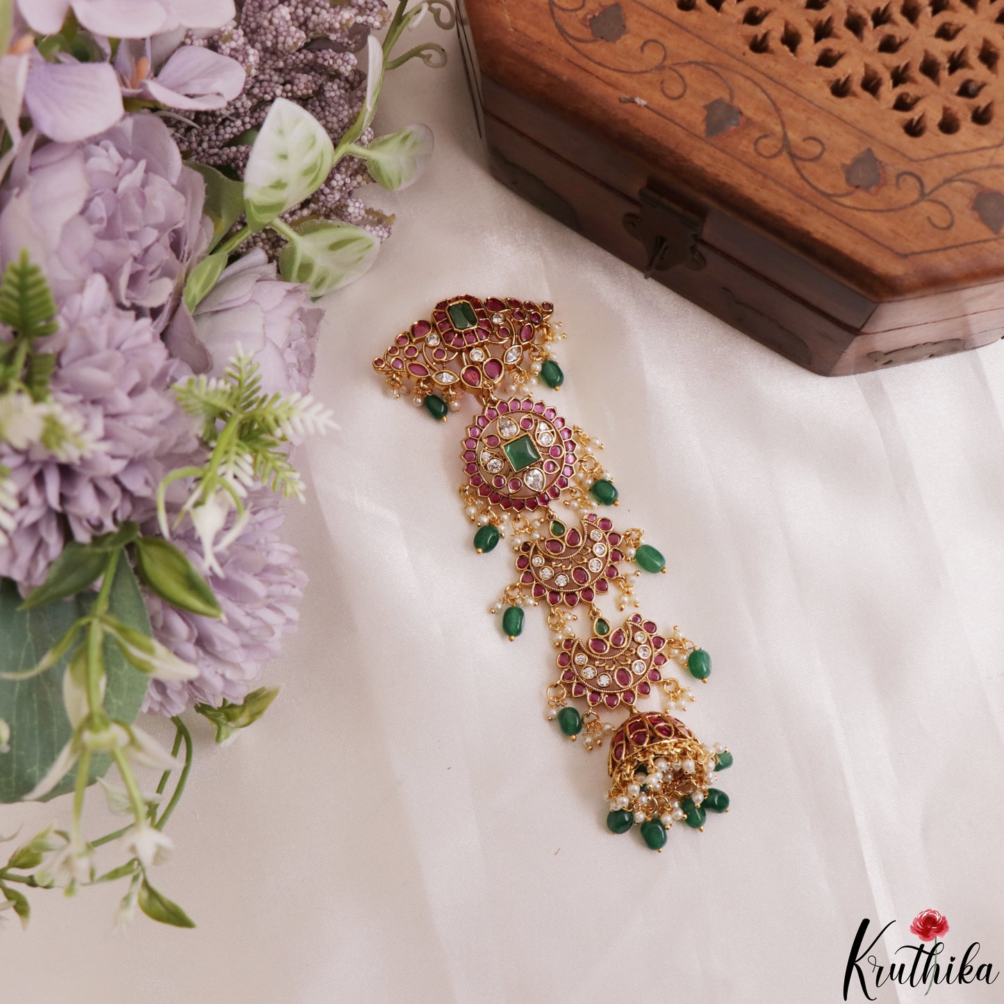 Premium Floral Motifs Kemp Jhumka Jada Billa With Bead Drops J432 (Available In 2 Colors)