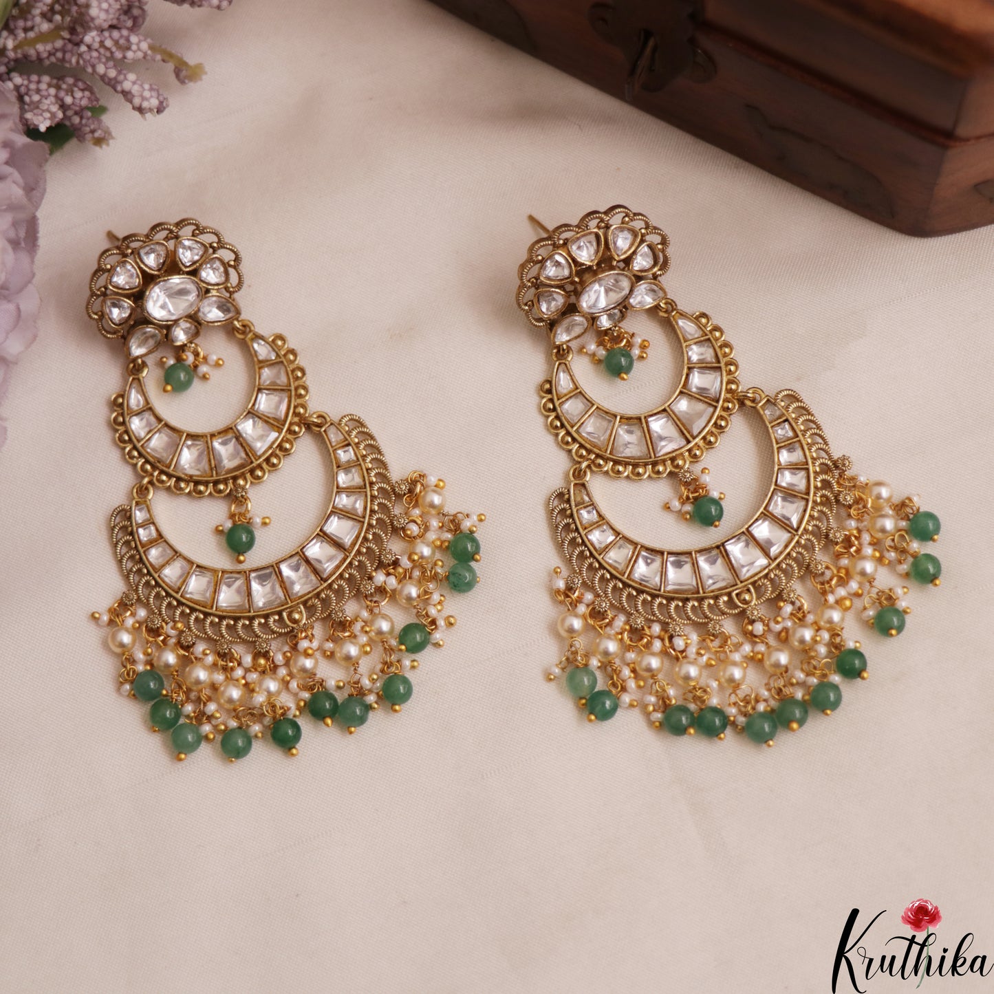 Premium Floral Polki Chandbali Jadau Earrings With Pearl Bead Drops E1139 (Available In 2 Colors)