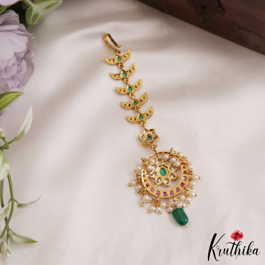 Elegant Floral Jadau Maang Tikka With Bead And Pearl Drops MT338