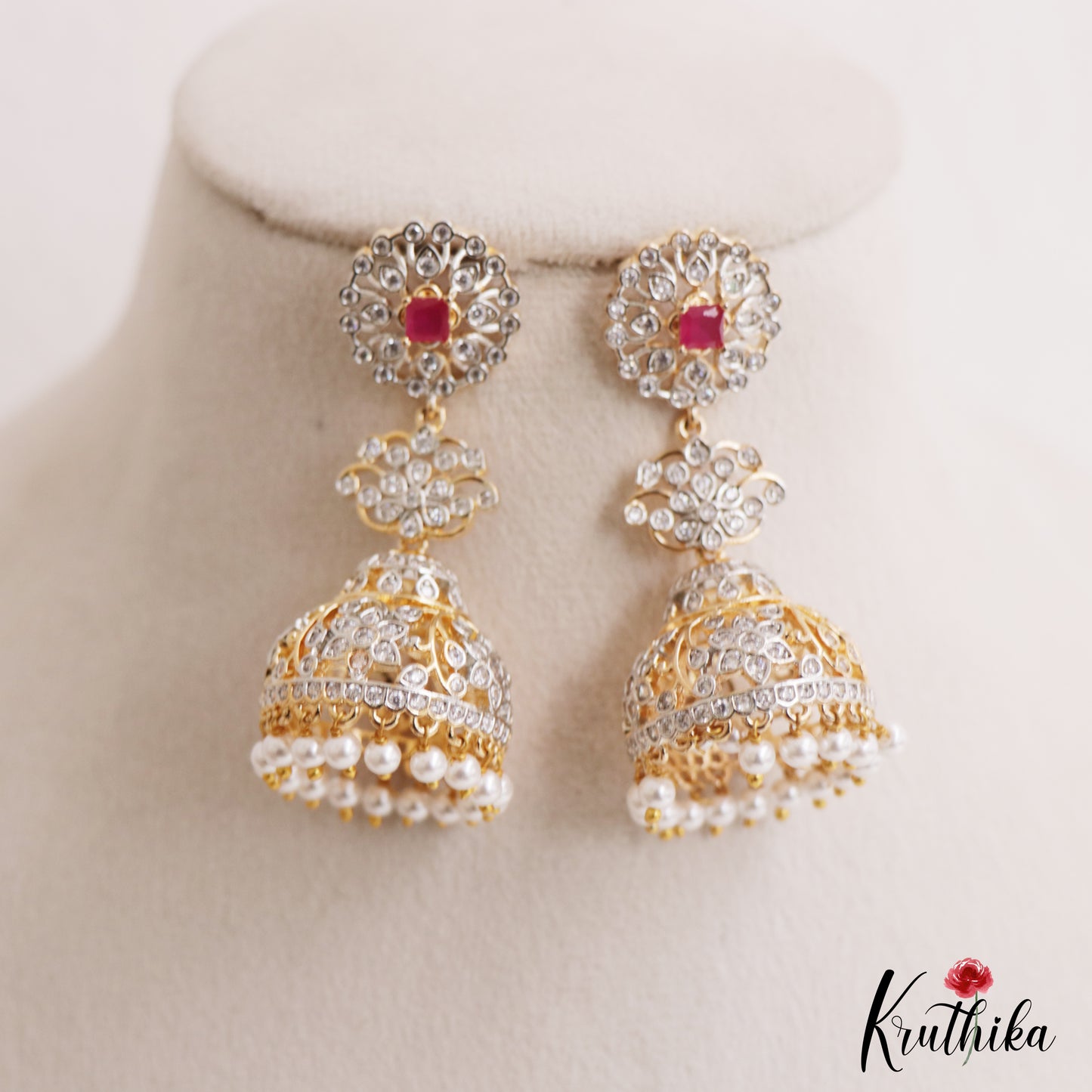 Elegant Floral Motifs AD Jhumkas With Pearl Drops E1098 (Available In 3 Colors)