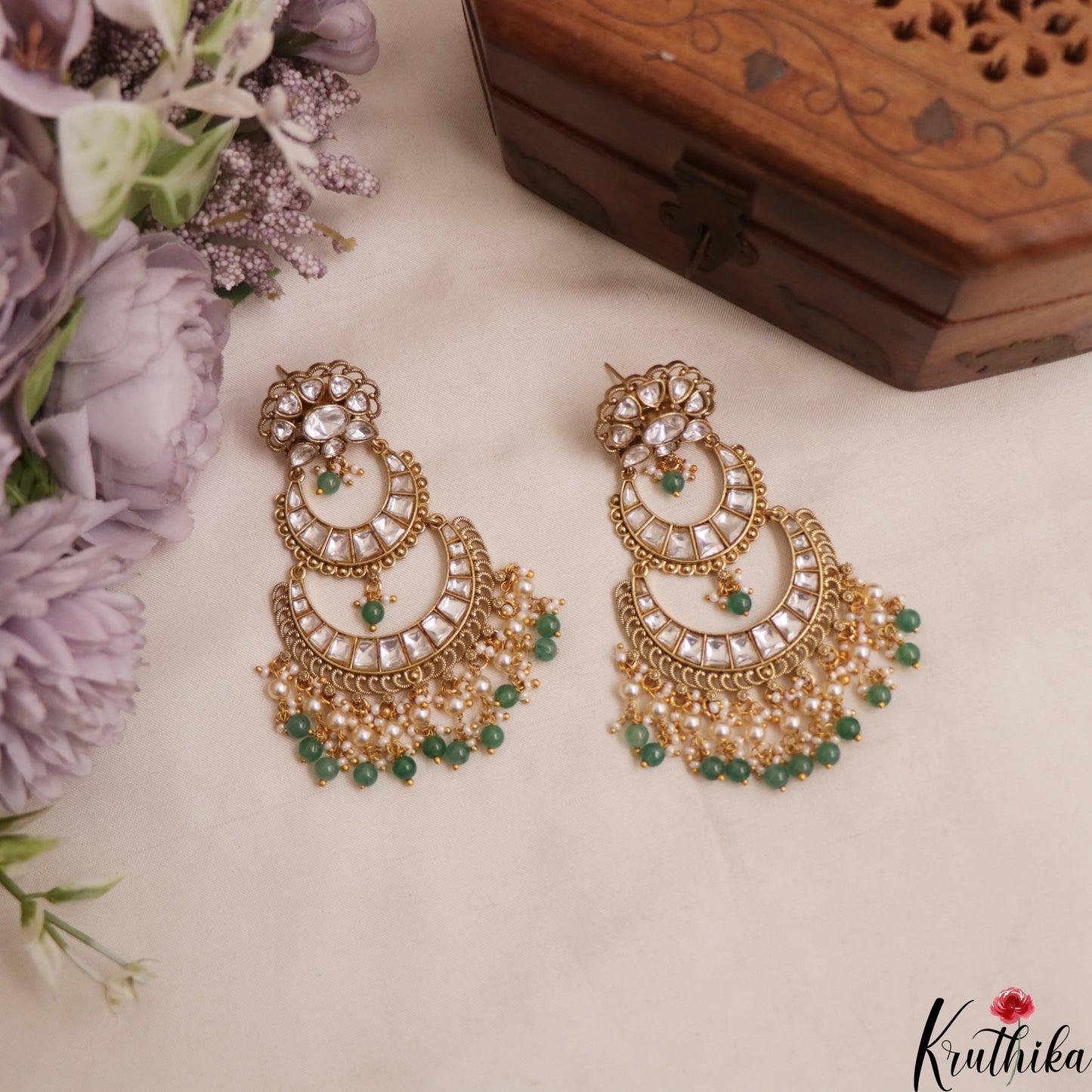 Premium Floral Polki Chandbali Jadau Earrings With Pearl Bead Drops E1139 (Available In 2 Colors)