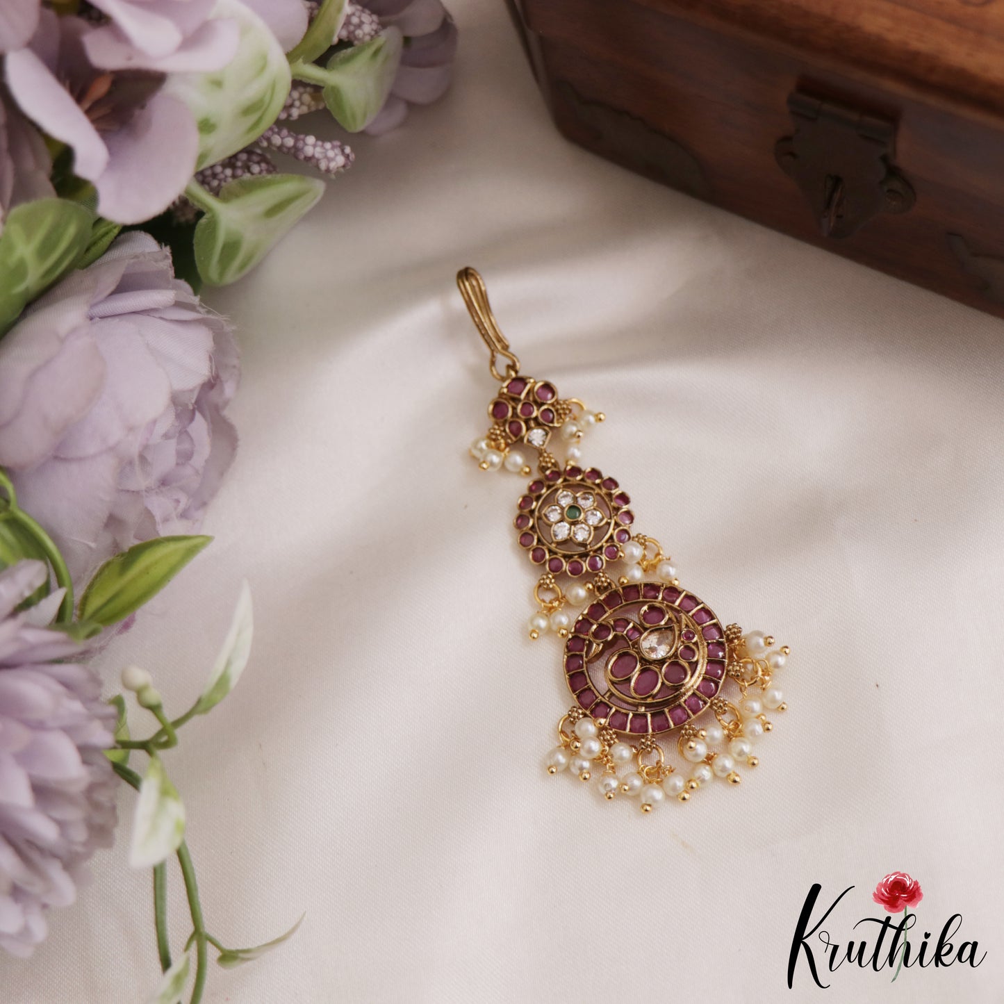 Classic Floral Peacock Motifs Kemp Maang Tikka With Pearl Drops MT339