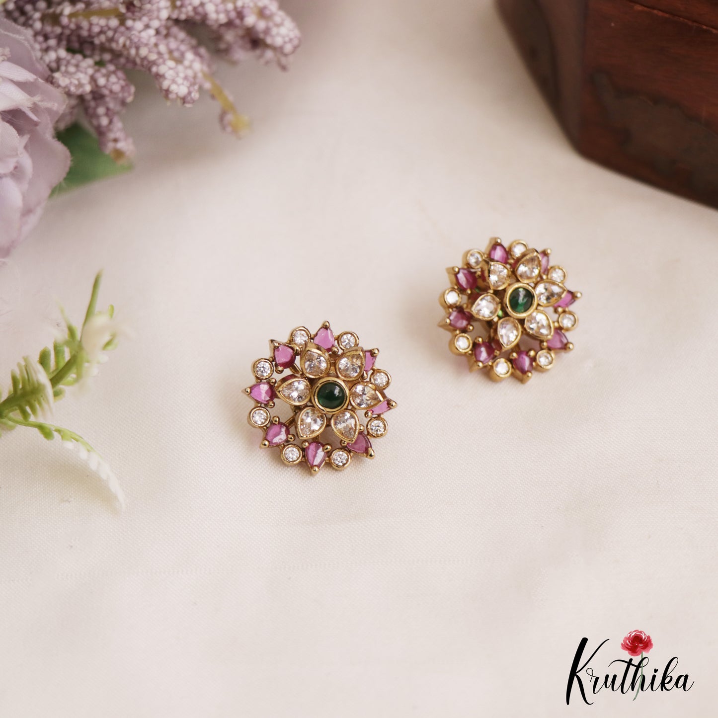 Simple Floral Gold-Tone Diamond-Finish AD Stud Earrings E1100