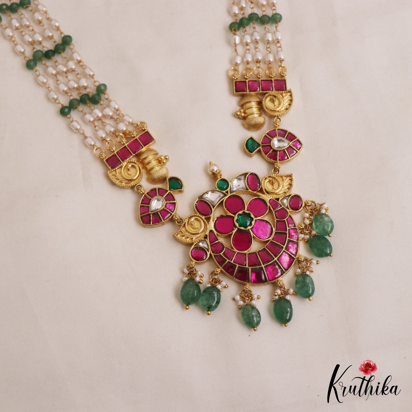 Stunning Floral Motifs Multi Pearl Bead Strand Jadau Haaram With Green Bead Drops LH2092