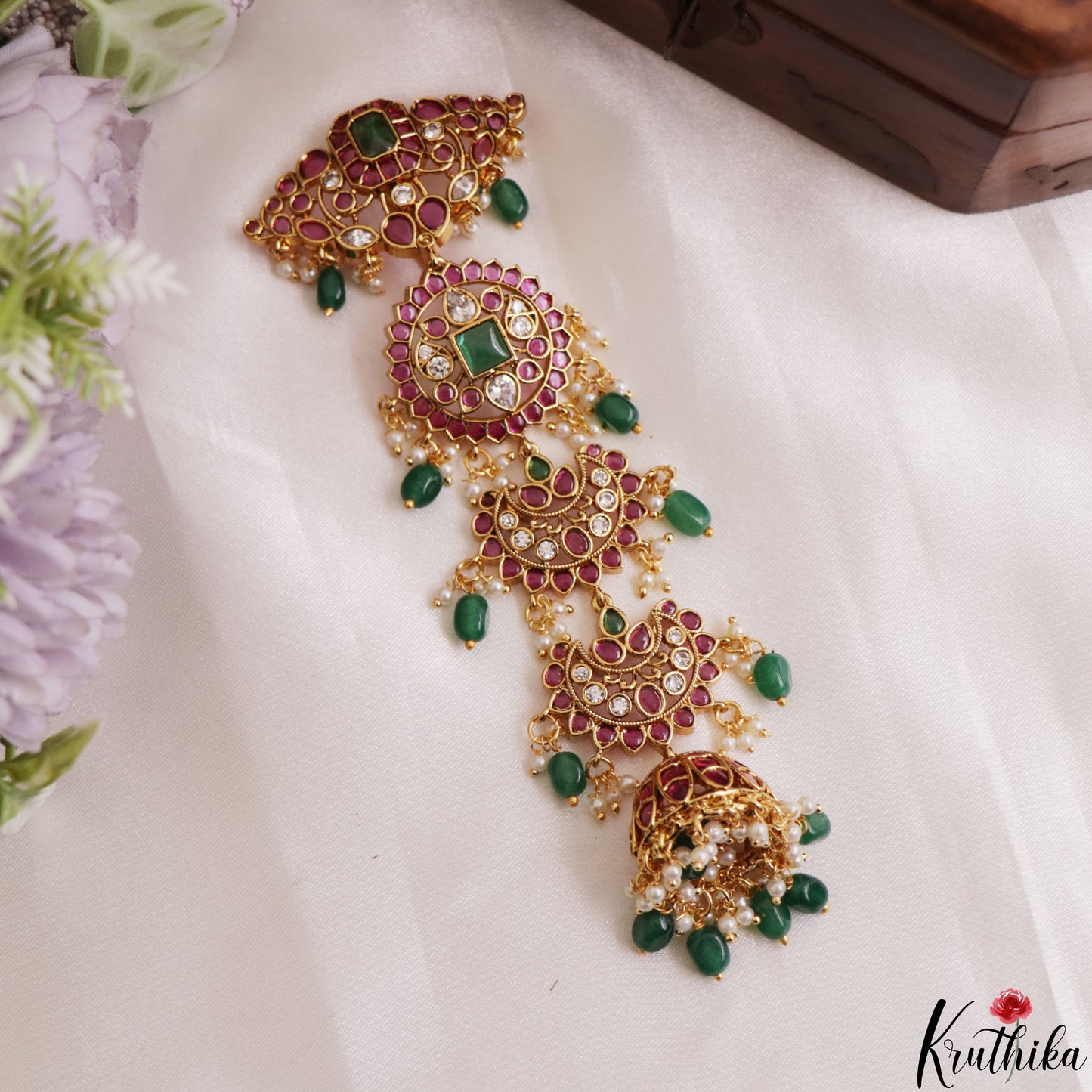 Premium Floral Motifs Kemp Jhumka Jada Billa With Bead Drops J432 (Available In 2 Colors)