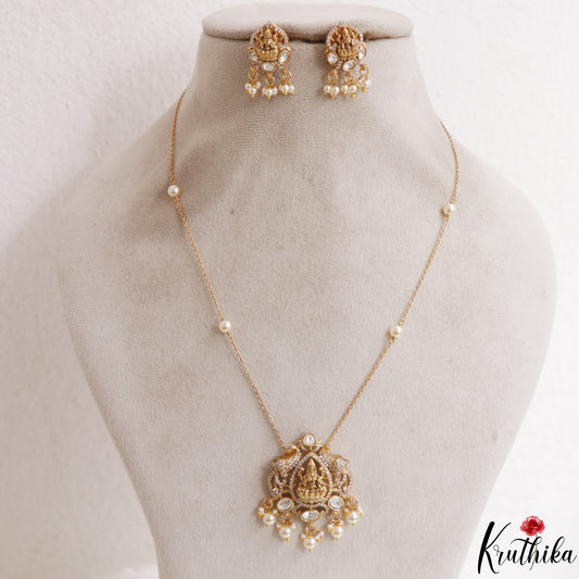 Beautiful Lakshmi Peacock Motifs CZ Polki Pendant Chain Set NC3106 (Available 2 Colors)