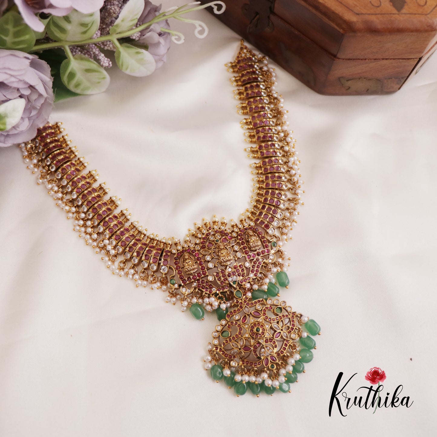 Premium Lakshmi Peacock Motifs Kemp Necklace With Green Bead Drops NC2628