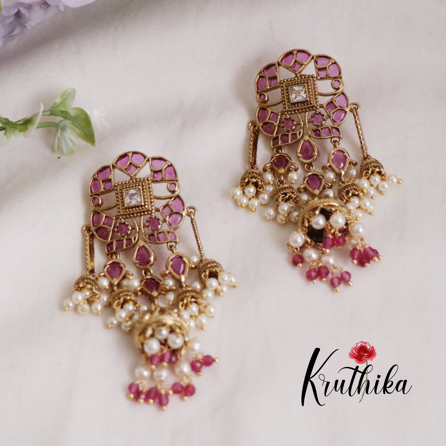 Trendy Emerald Ruby Jhumkas with Pearl Drops E624 (Available in 2 Colours)