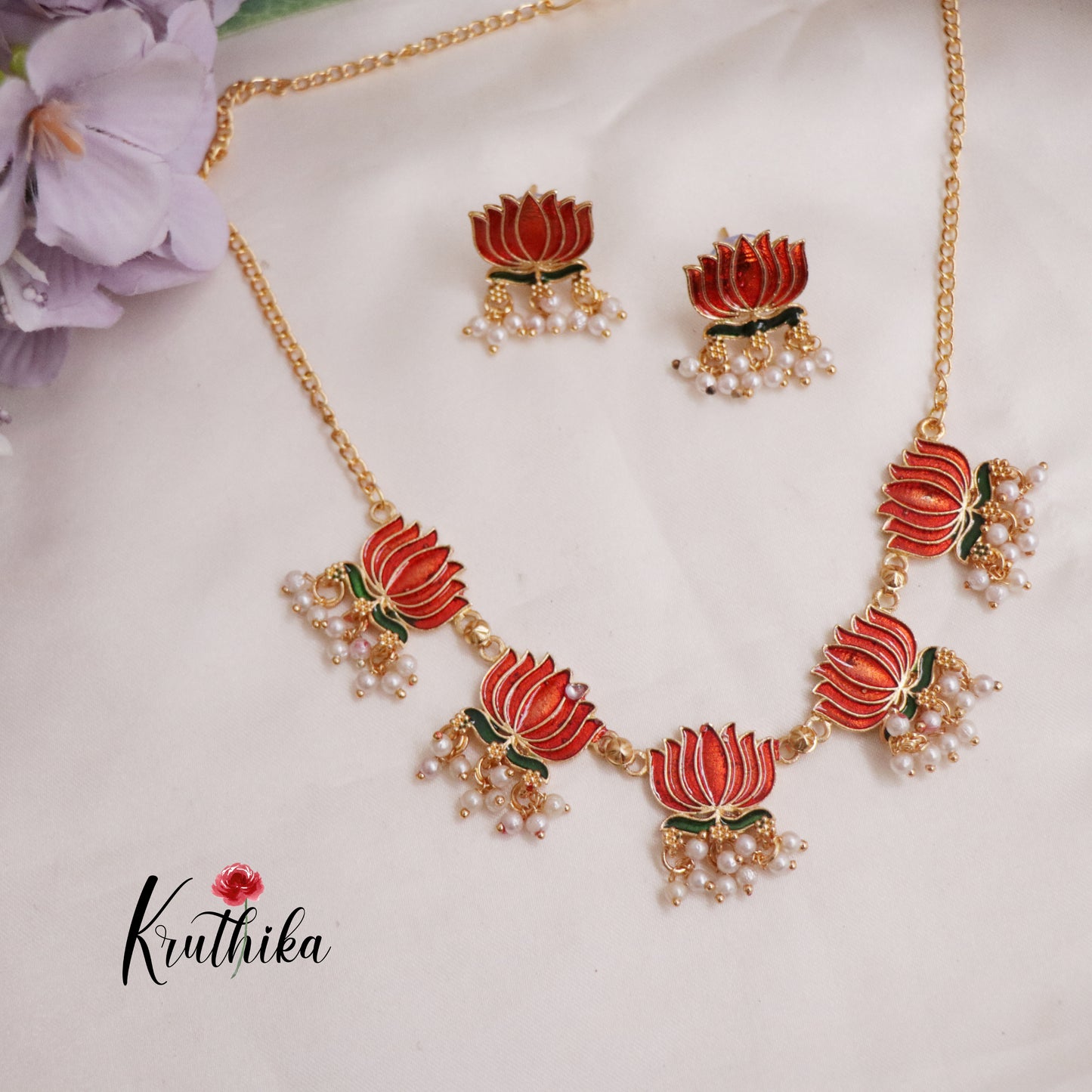 Budget Friendly Simple Lotus Charm Pearl Necklace NC2293 (Available in 2 Colors)