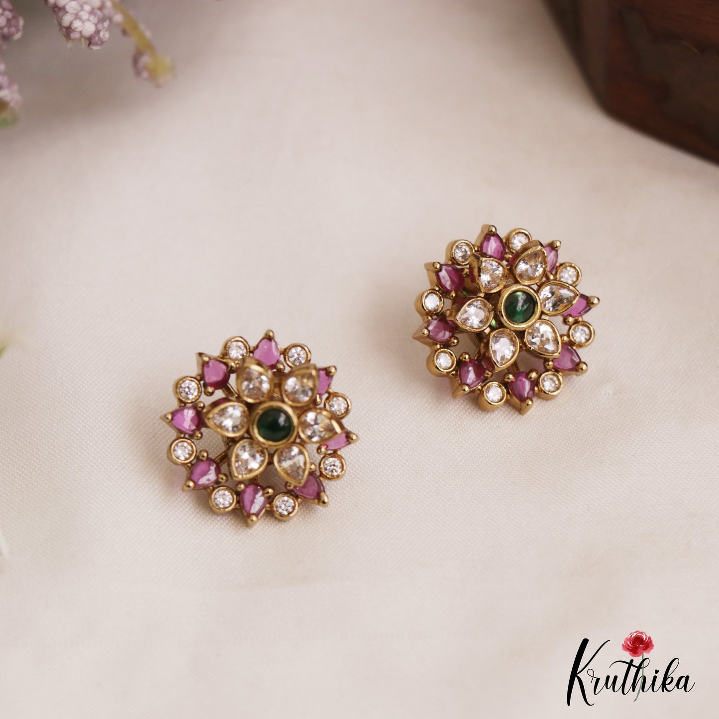 Simple Floral Gold-Tone Diamond-Finish AD Stud Earrings E1100