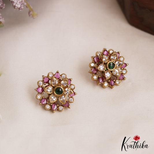 Simple Floral Gold-Tone Diamond-Finish AD Stud Earrings E1100