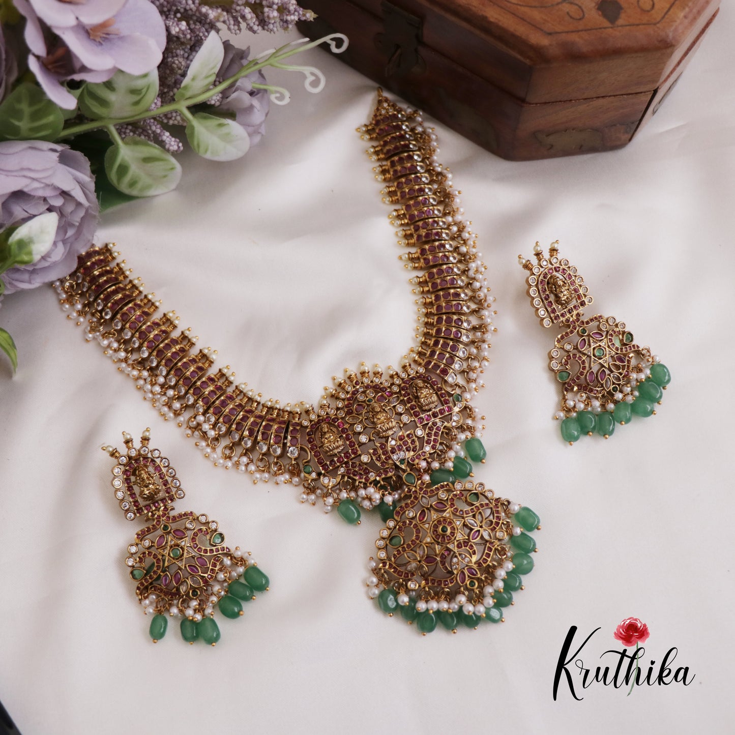 Premium Lakshmi Peacock Motifs Kemp Necklace With Green Bead Drops NC2628