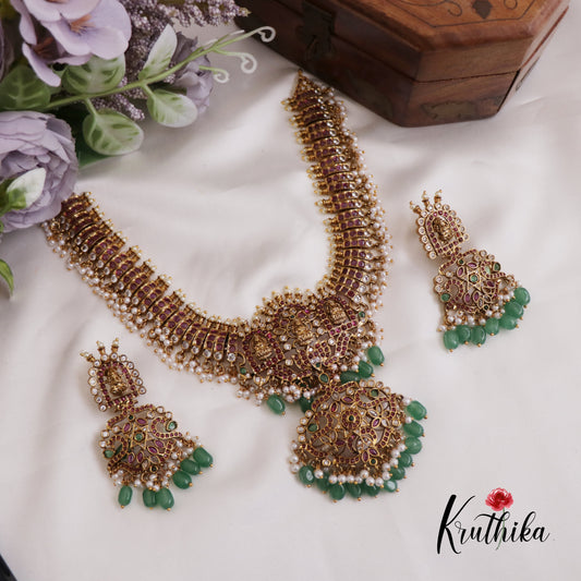Premium Lakshmi Peacock Motifs Kemp Necklace With Green Bead Drops NC2628