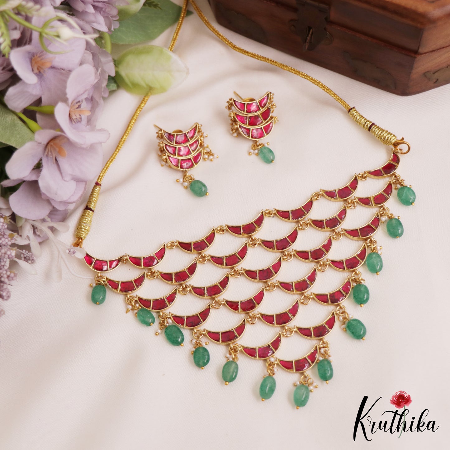 Beautiful Half Moon Motifs Jadau Choker With Green Bead Drops NC2756