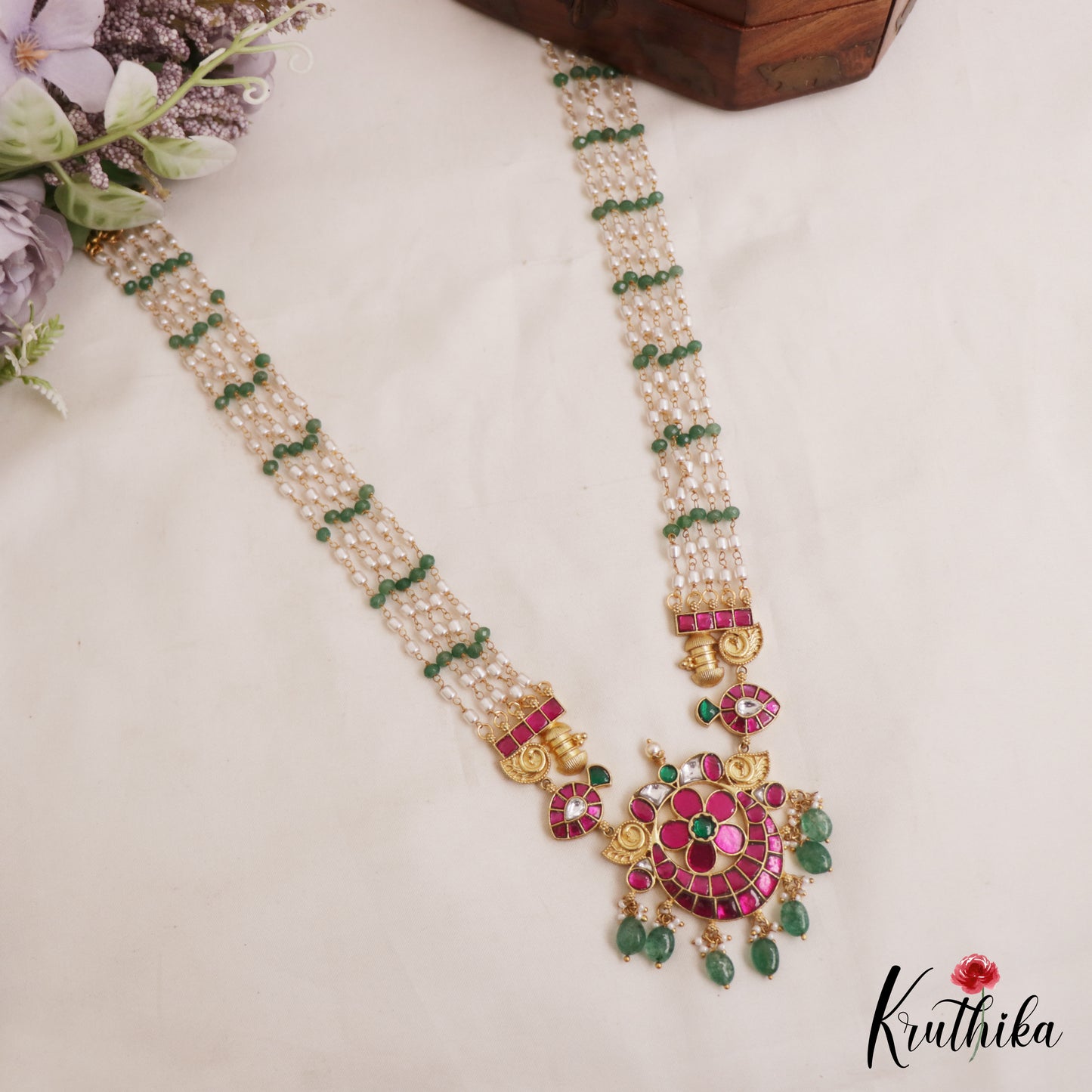 Stunning Floral Motifs Multi Pearl Bead Strand Jadau Haaram With Green Bead Drops LH2092