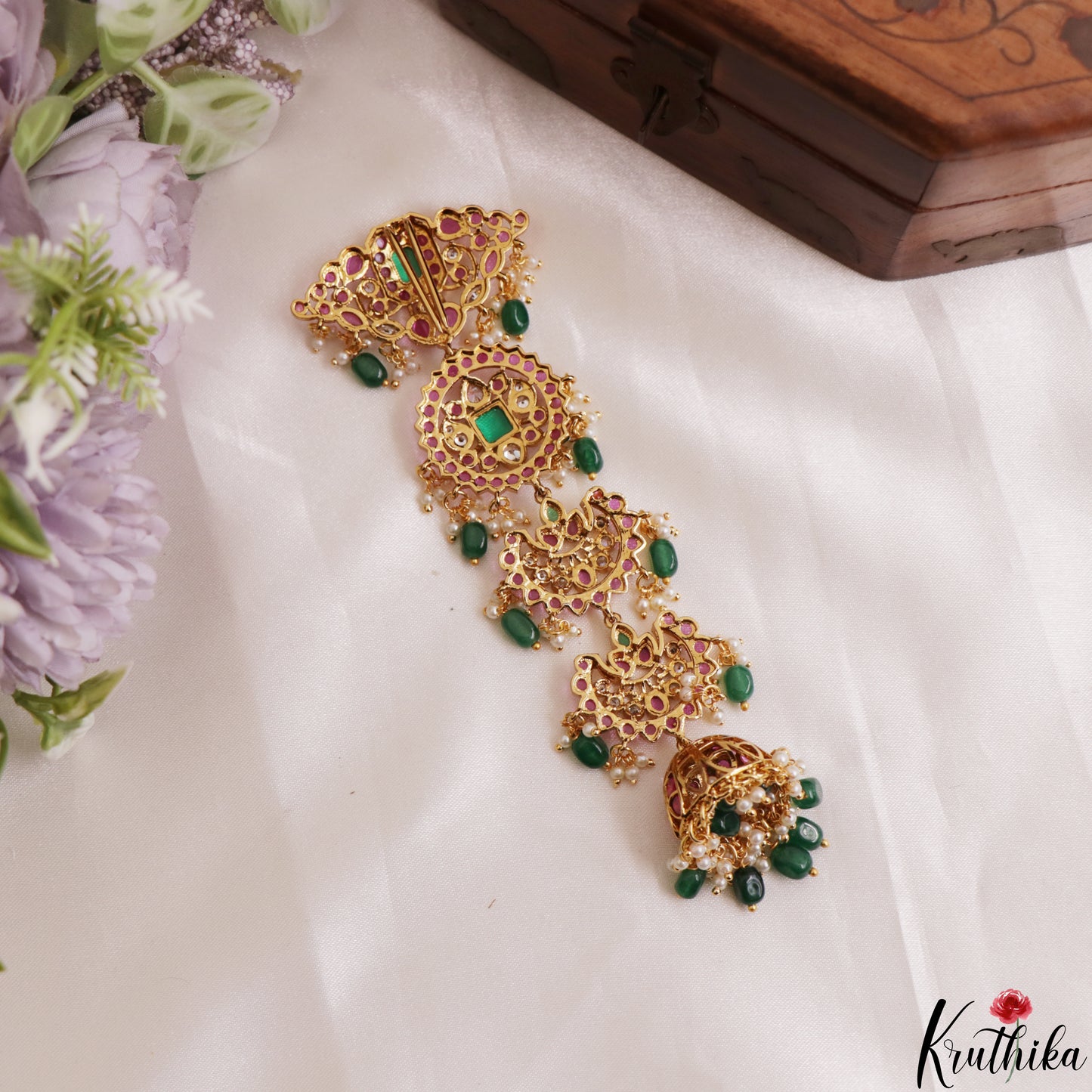 Premium Floral Motifs Kemp Jhumka Jada Billa With Bead Drops J432 (Available In 2 Colors)