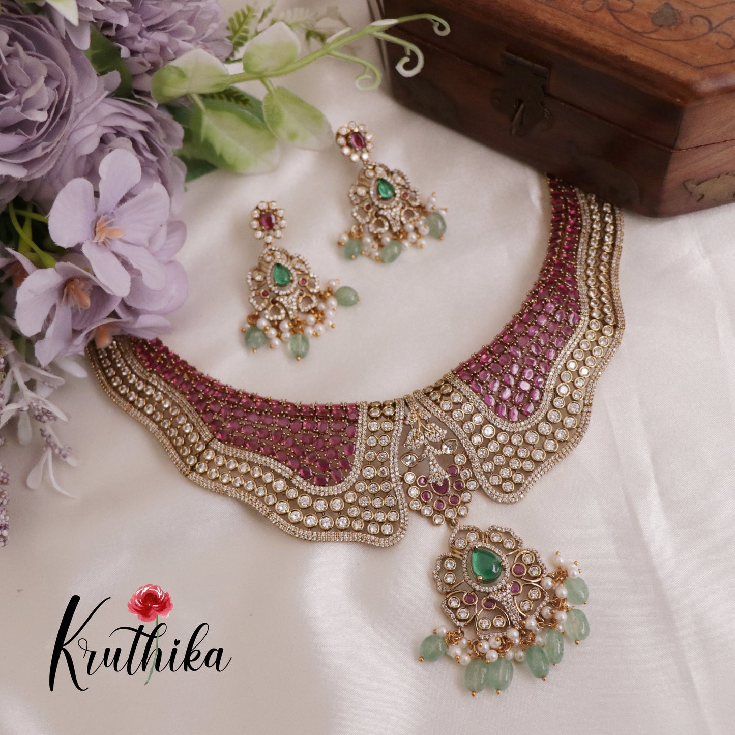 Beautiful Victorian Style Polki Design Ruby & Emerald Necklace NC2502