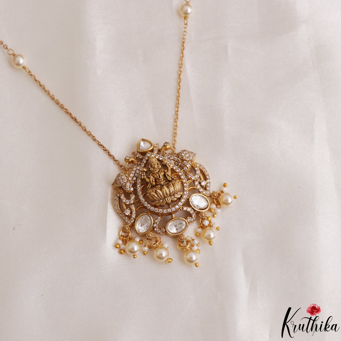 Beautiful Lakshmi Peacock Motifs CZ Polki Pendant Chain Set NC3106 (Available 2 Colors)