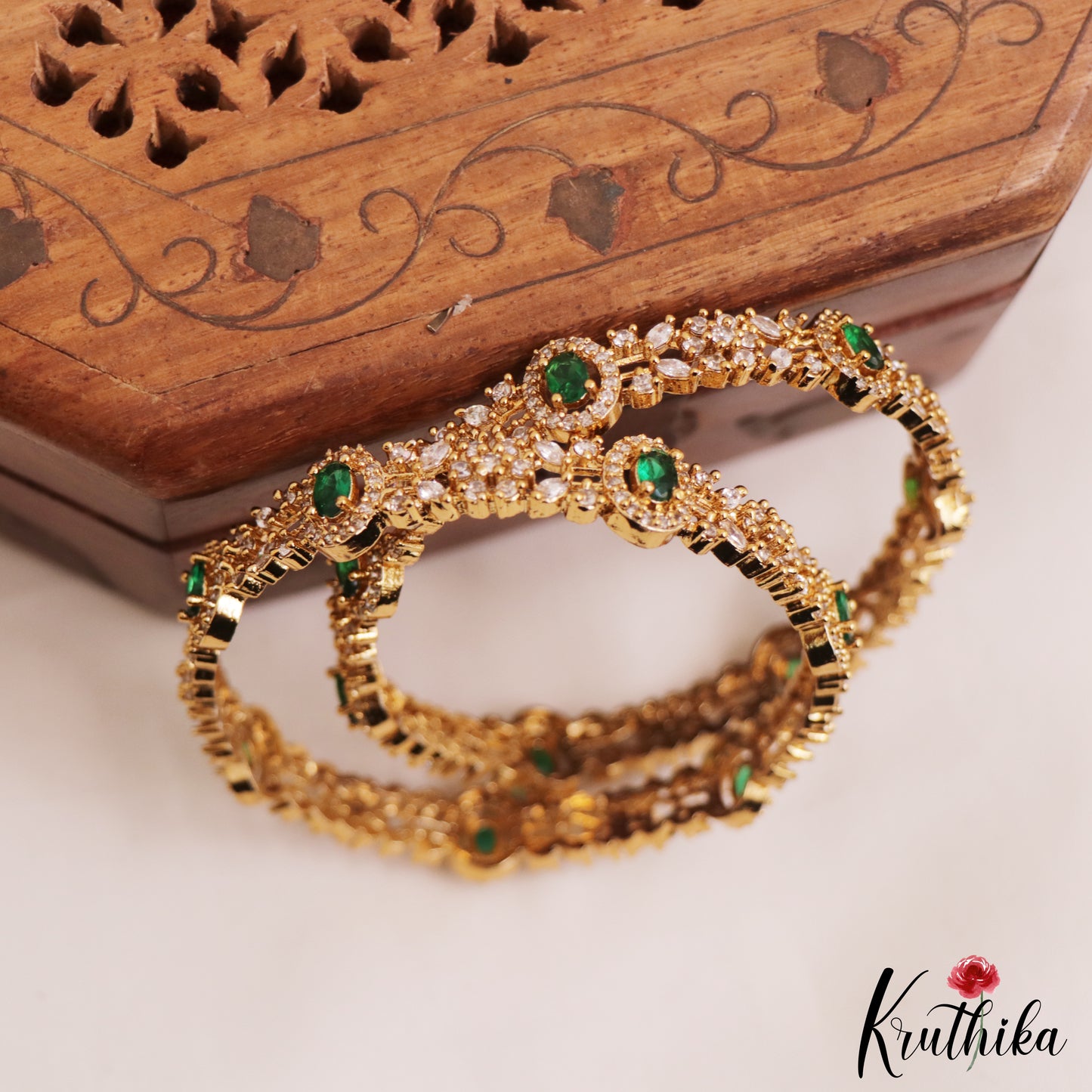 Sparkling Leaf Motifs AD Bangles B483 (Set of 2) (Available In 3 Colors)