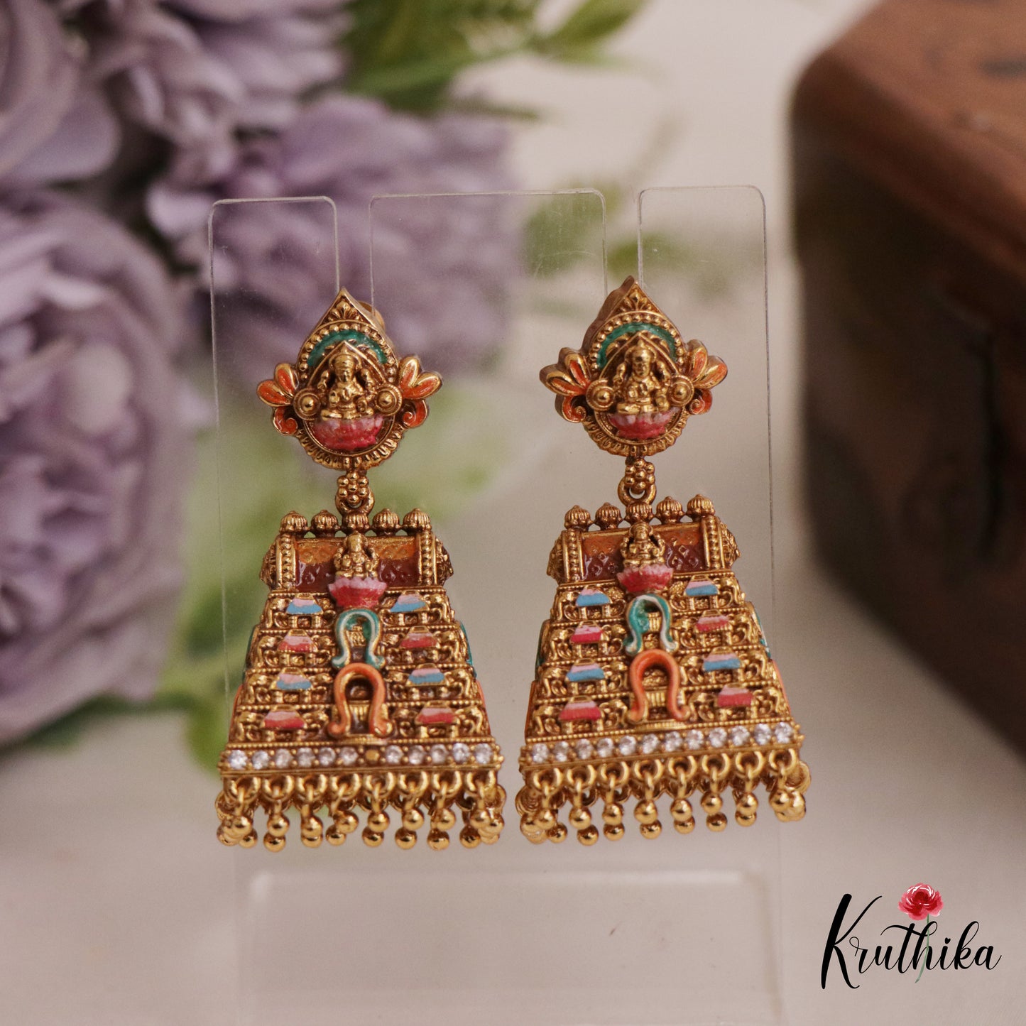 Gorgeous Hand painted Gopuram Jhumkas With Golden Bead Drops E904