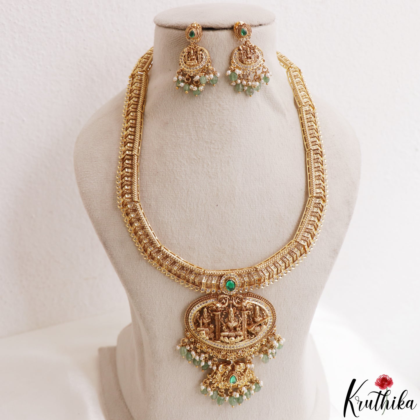 Gorgeous Antique Nagas Lakshmi Motifs Temple Haaram With Pearl Bead Drops LH2206 (Available In 2 Colors)