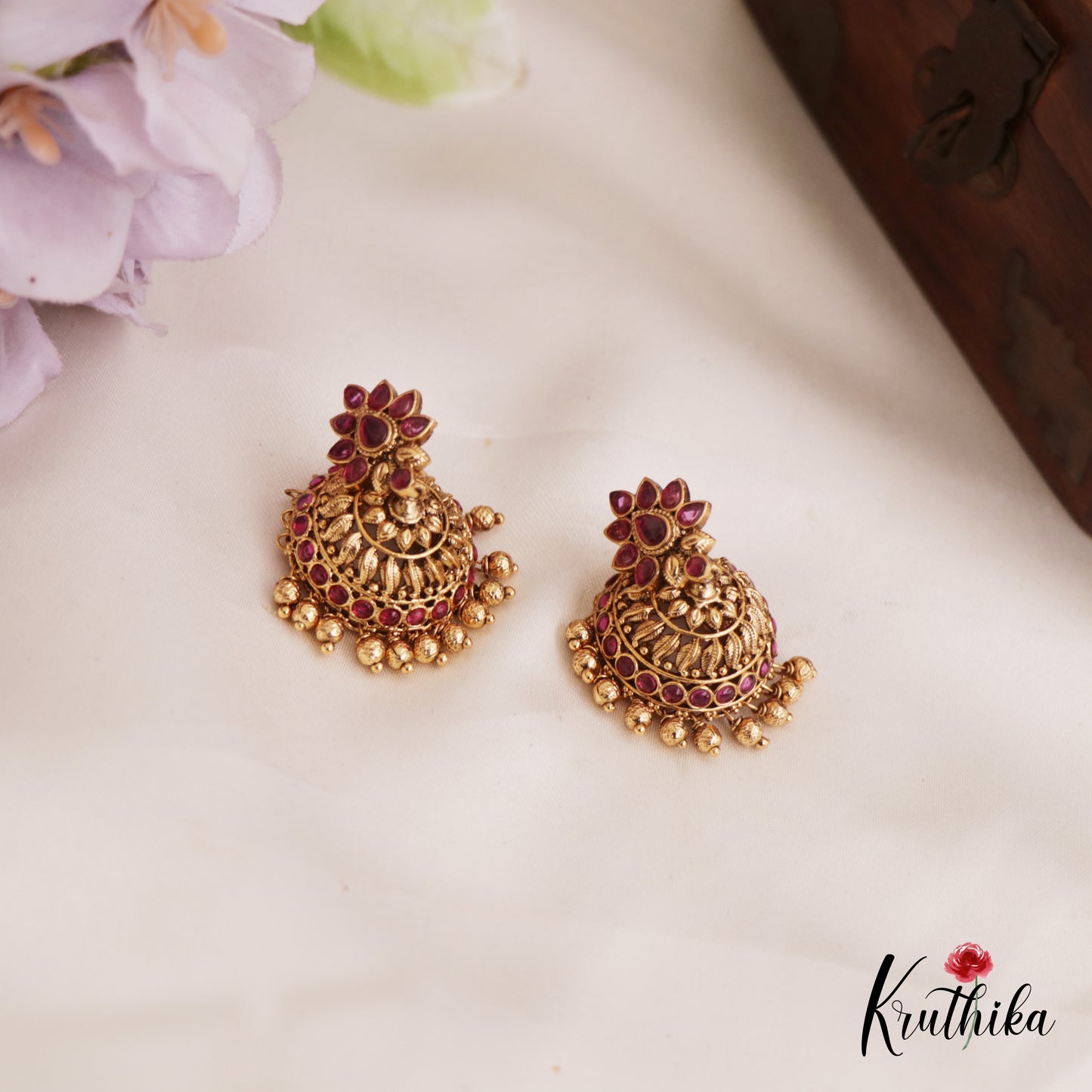 Elegant Antique Floral Motifs Jhumka With Golden Bead Drops E970 (Available In 2 Colors)