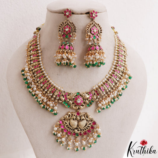 Pre order-Stunning Peacock Floral Motifs Jadau Necklace With Pearl Bead Drops NC3144-Shipping starts from 19th August