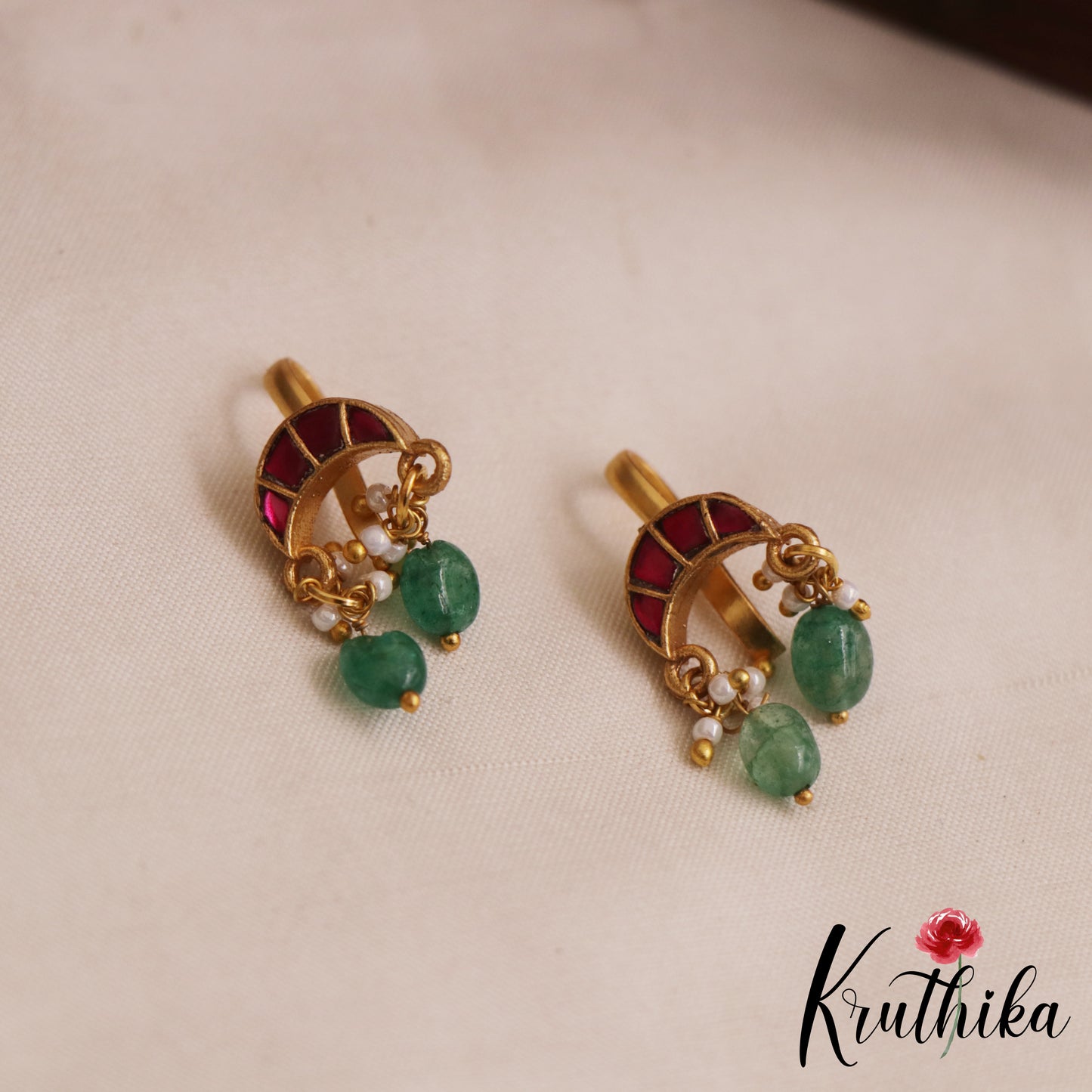 Elegant Jadau Earcuffs | Upper Earrings | Bugadi Earrings With Green Bead Drops E1073