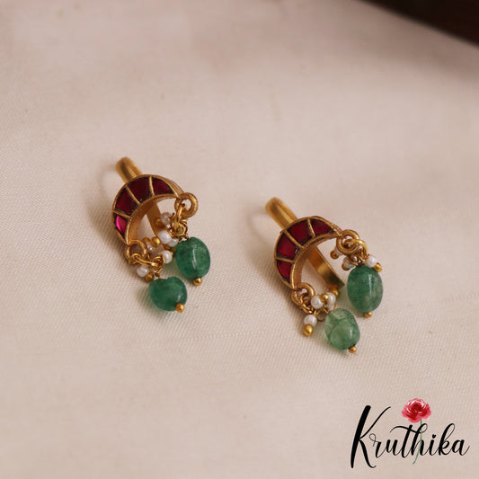 Elegant Jadau Earcuffs | Upper Earrings | Bugadi Earrings With Green Bead Drops E1073