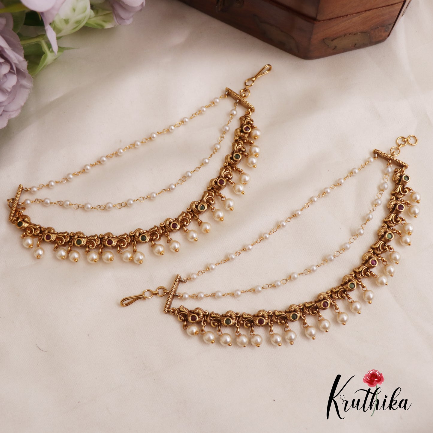 Elegant Kemp Peacock Pearl Drop With Triple Strand Earchains EC175