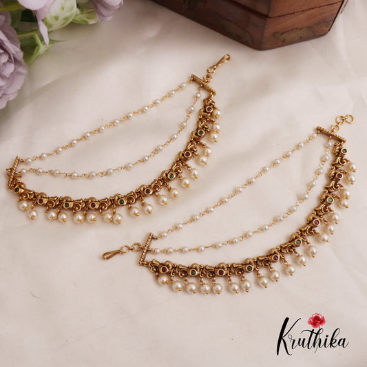 Elegant Kemp Peacock Pearl Drop With Triple Strand Earchains EC175