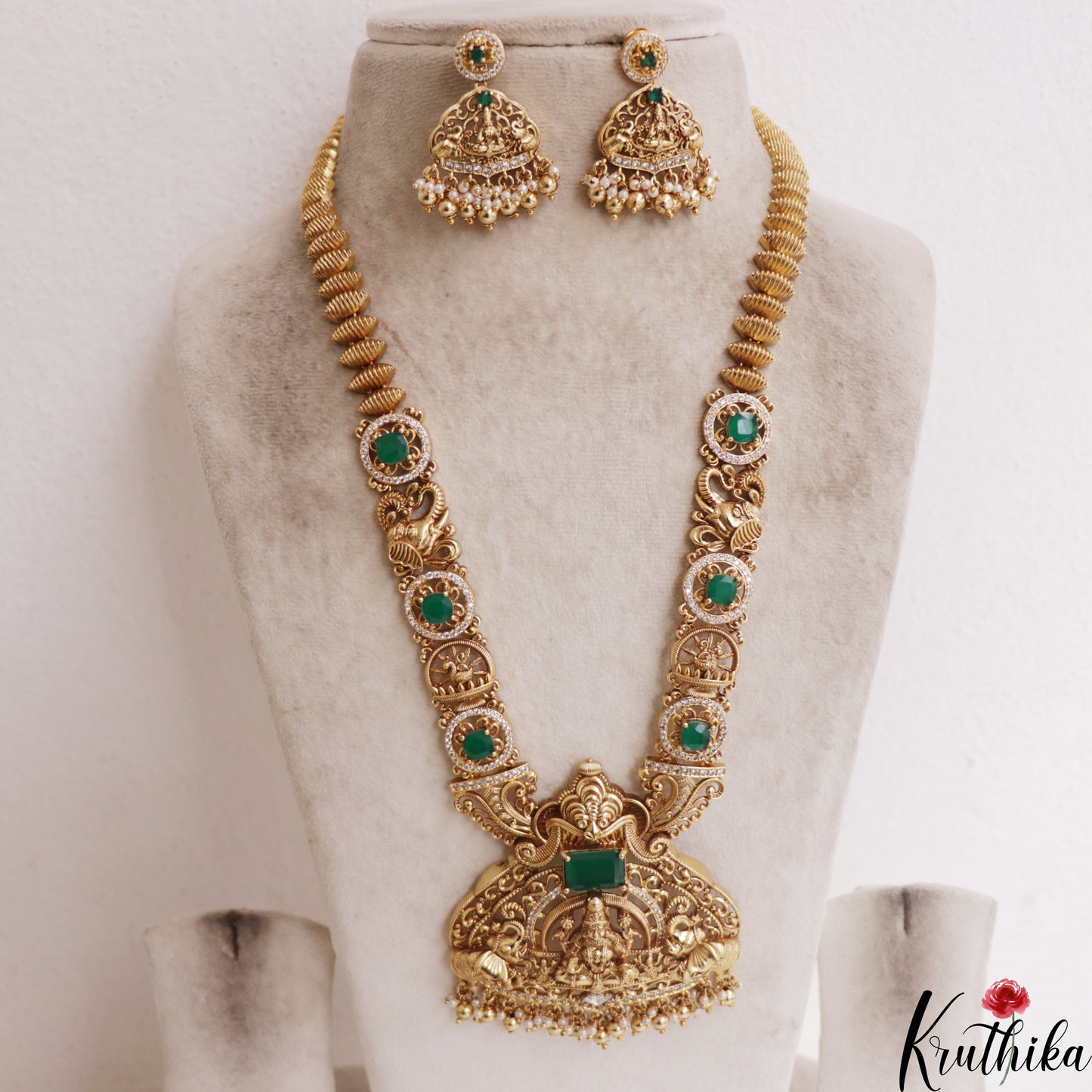 Grand Antique Nagas Lakshmi Motifs Haaram With Bead Drops LH2104 (Available In 2 Colors)