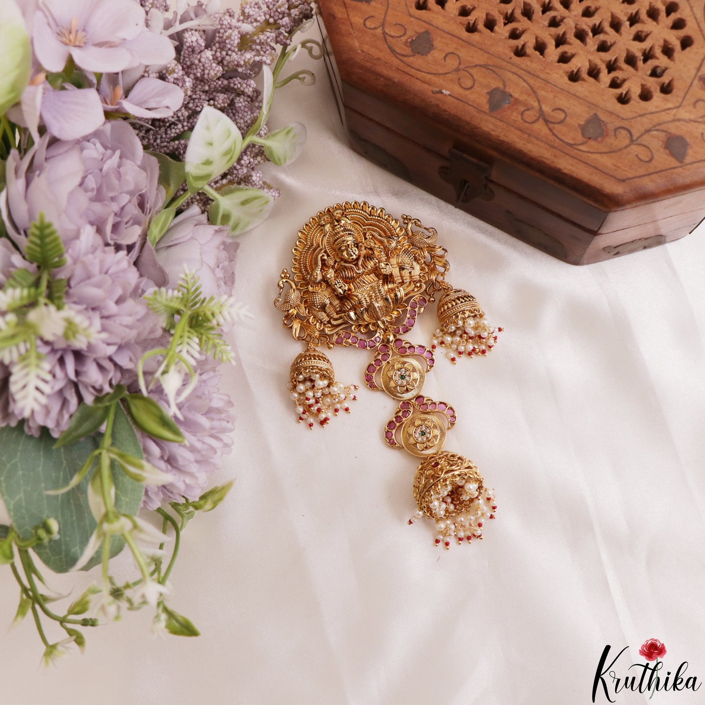 Classic Antique Nagas Lakshmi Peacock Motifs Jhumka Jada Billa With Pear Bead Drops J436 (Available In 2 Colors)