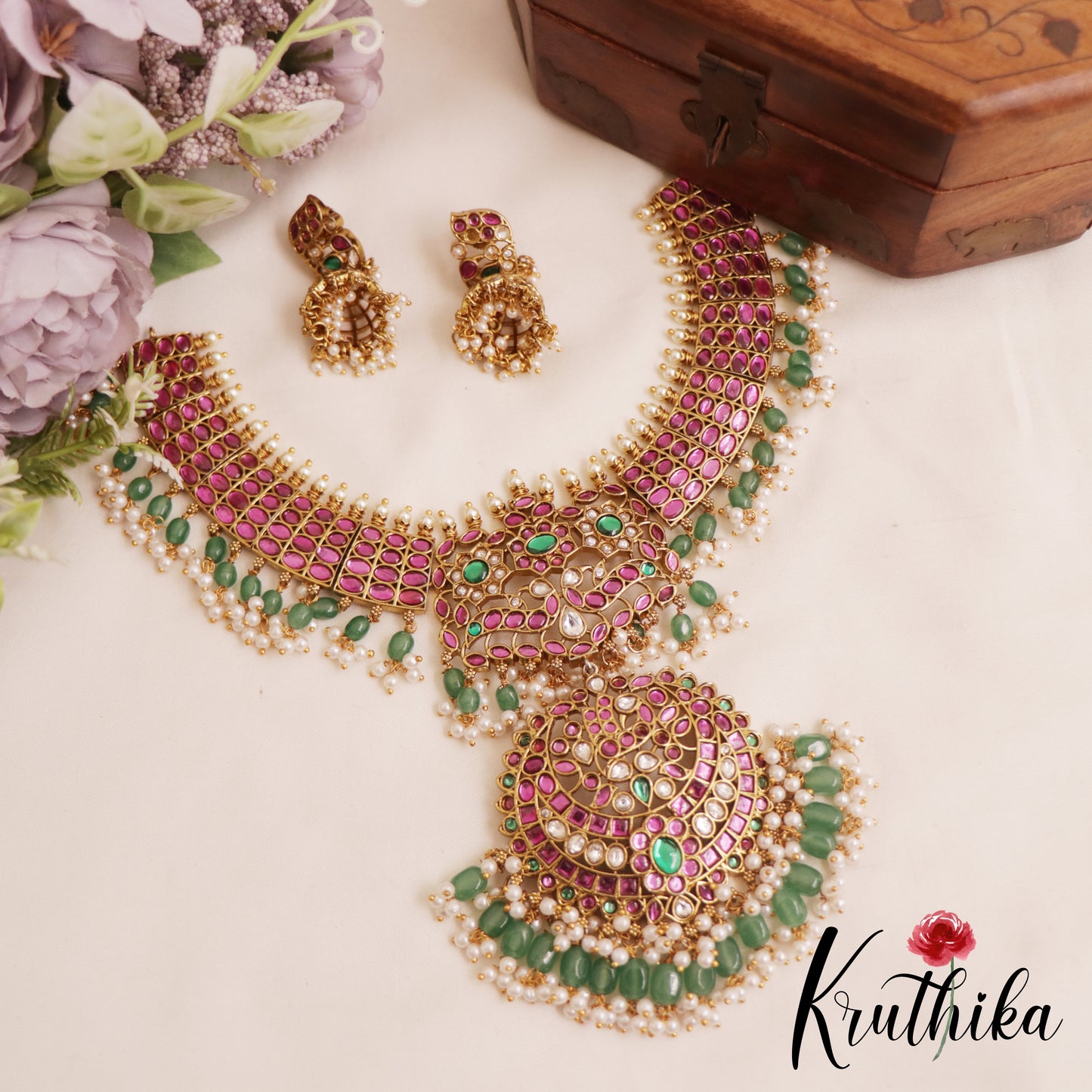 Premium Floral Peacock Motifs Kemp Necklace With Green Bead Drops NC2860